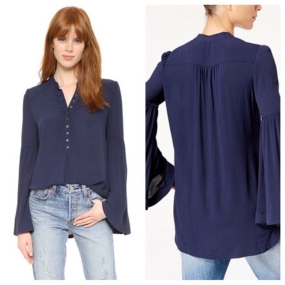 Free People Oversized Bell Sleeve Henley Top Navy